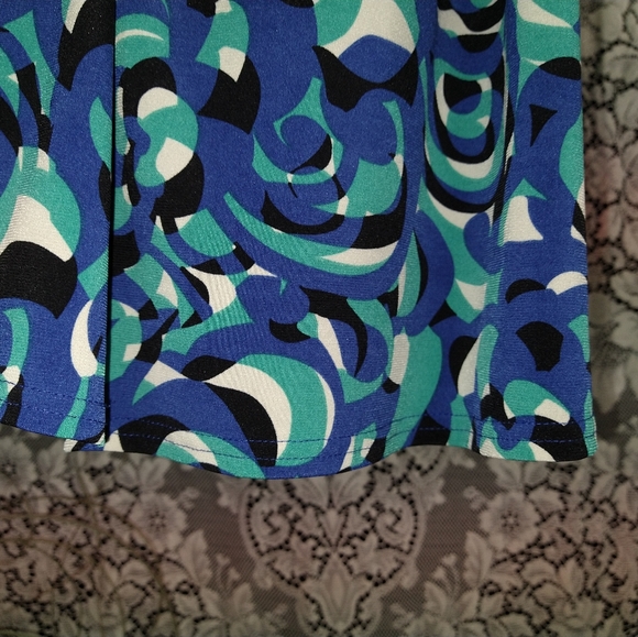 Marc Bouwer blue teal black blouse abstract thick tie back with wrap around belt - Picture 4 of 5